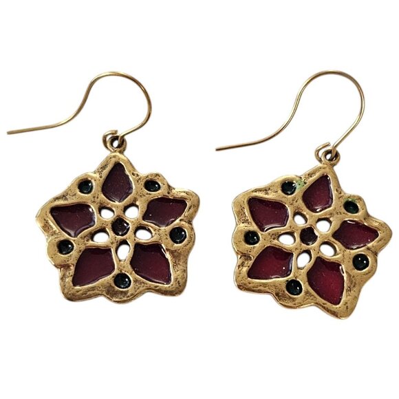 MMA Plique-A-Jour Style French Hook Poinsettia Earrings, Signed L514 - Picture 1 of 11